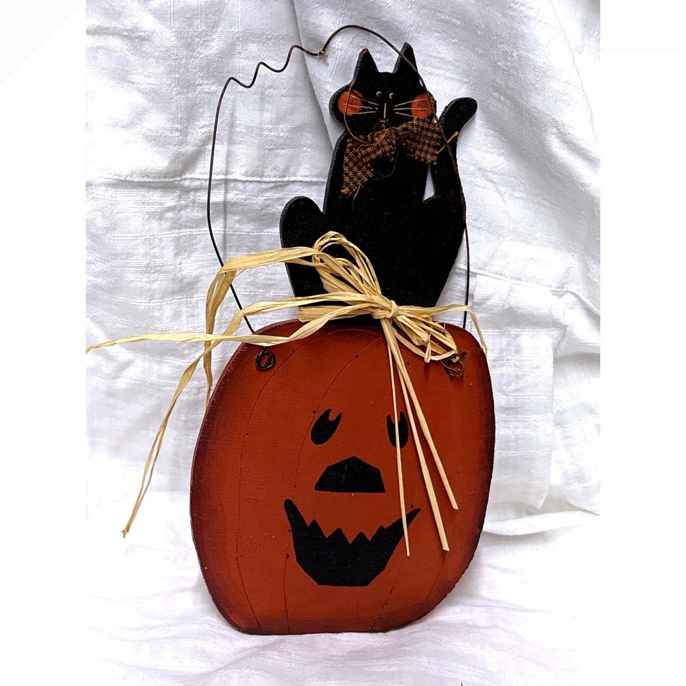 Vintage Primitive Halloween Wooden Black Cat on Pumpkin Wall Hanging Decor
